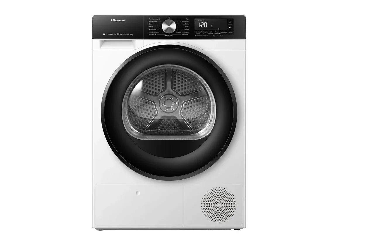 Wärmepumpentrockner Hisense DH3S802BW3 mit 8 kg Füllmenge und 100 l Edelstahltrommel